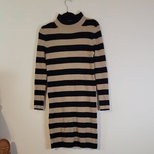 J. Crew Black and Tan Striped Turtleneck Knit Dress NWOT